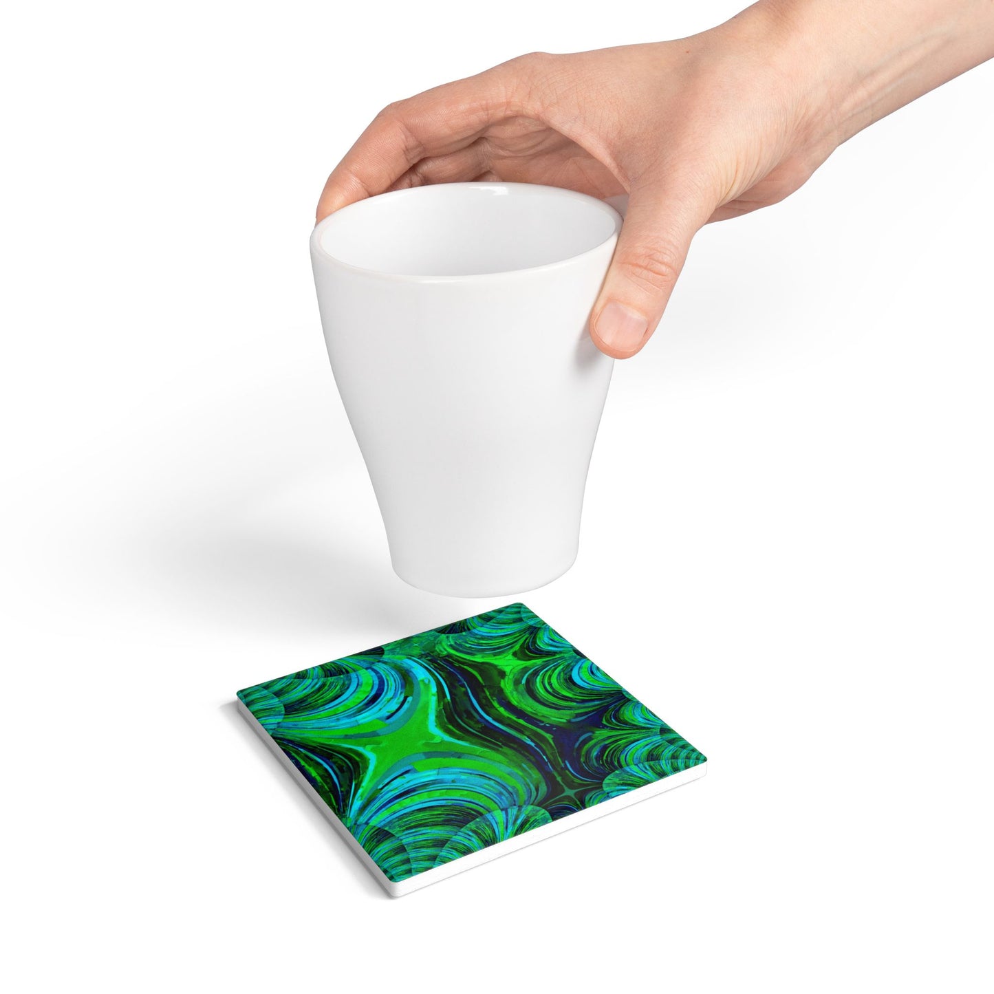 Uzi Spiral Blue Green 4" x 4" Square Ceramic Coaster