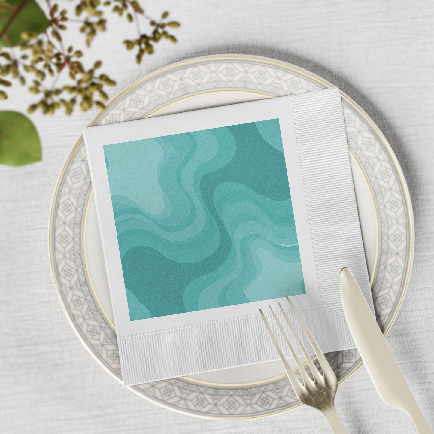 Tif Green Wavey White Coined Napkins, 6.5" x 6.5"