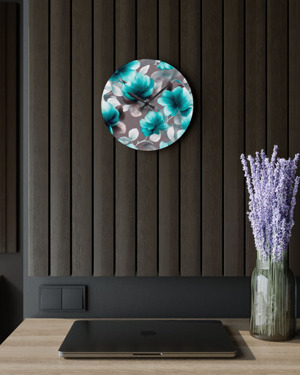 Tif Green Gray Floral Bunch Acrylic Wall Clock, Round or Square, 10.75" x 10.75"
