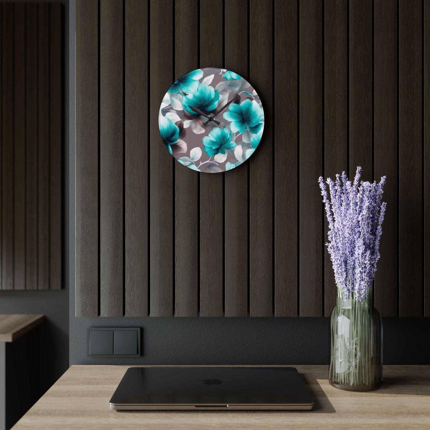 Tif Green Gray Floral Bunch Acrylic Wall Clock, Round or Square, 10.75" x 10.75"