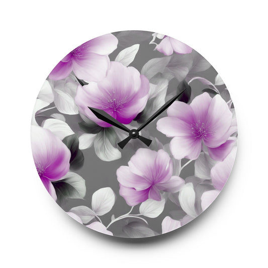 Purple Blossom Floral Bunch Acrylic Wall Clock, Round or Square, 10.75" x 10.75"