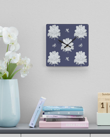 White Floral Butterflies Acrylic Wall Clock, Round or Square, 10.75" x 10.75"