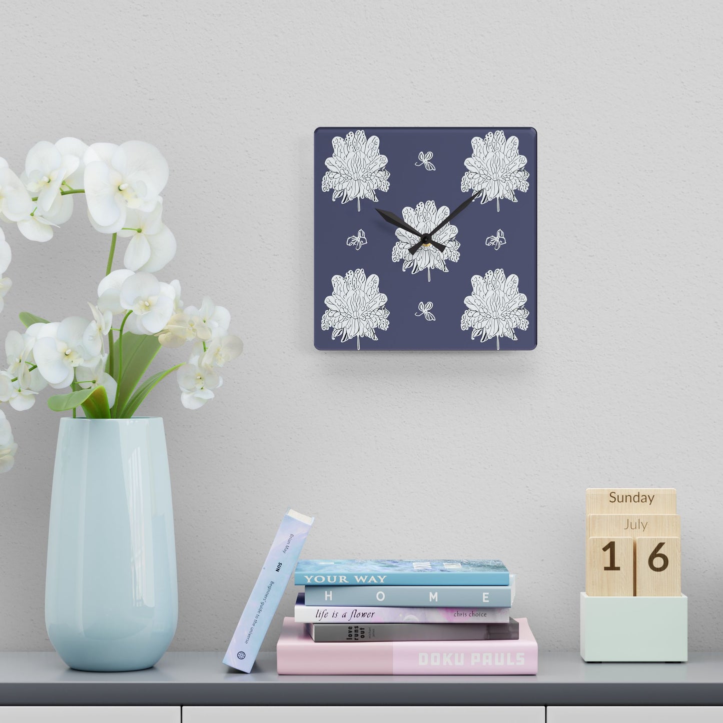 White Floral Butterflies Acrylic Wall Clock, Round or Square, 10.75" x 10.75"