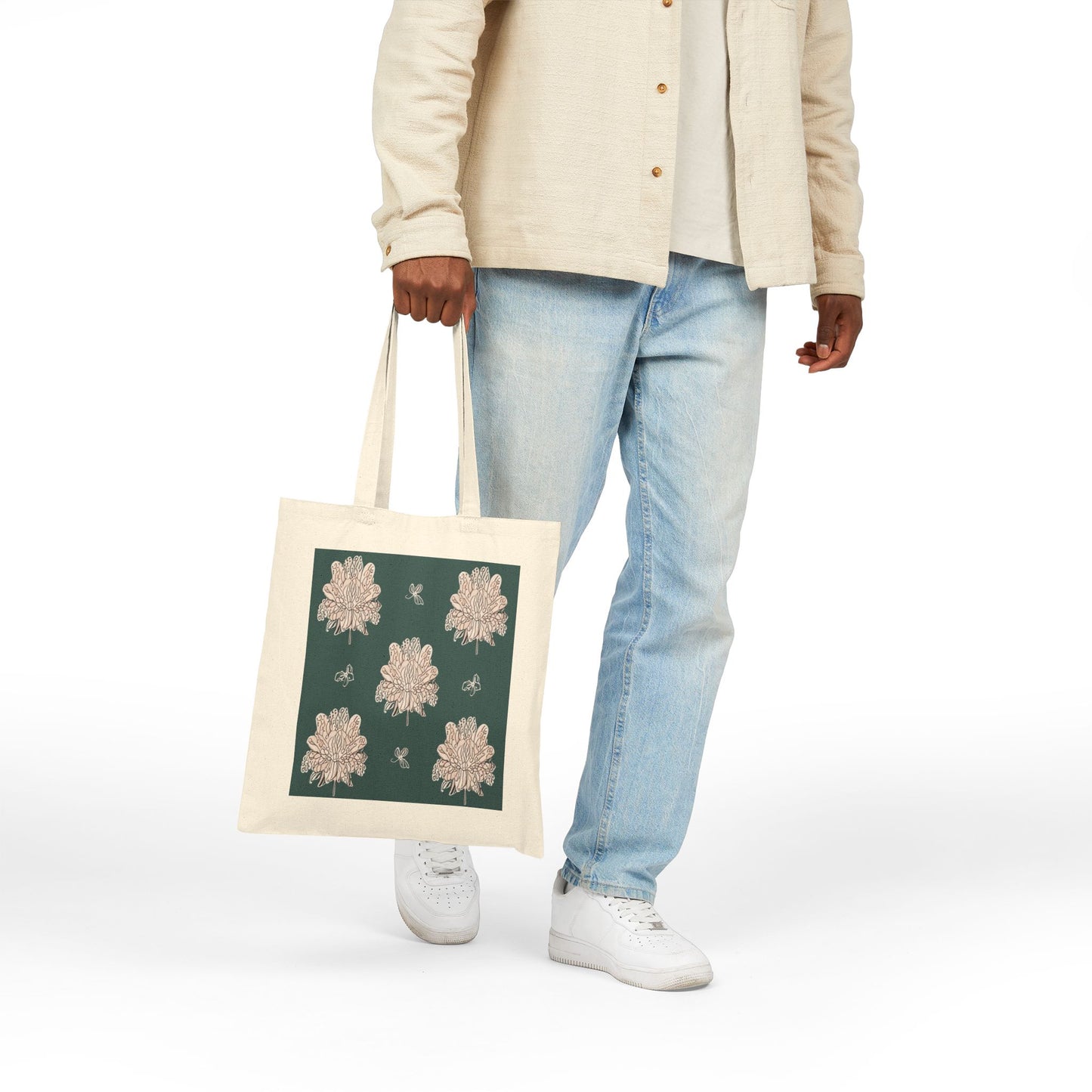 Soft White Floral Butterflies Cotton Canvas Tote Bag