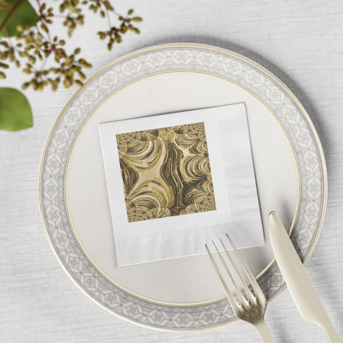 Uzi Spiral Light Brown Pastel White Coined Napkins, 4.8" x 4.8"