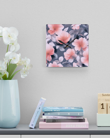 Peach and Blue Gray Floral Bunch Acrylic Wall Clock, Round or Square, 10.75" x 10.75"
