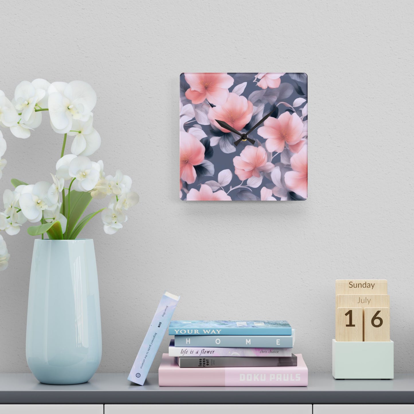 Peach and Blue Gray Floral Bunch Acrylic Wall Clock, Round or Square, 10.75" x 10.75"