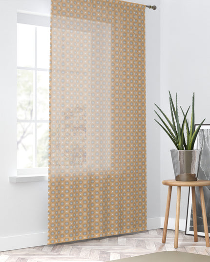 Tan Sunset Star-crossed Bodies Sheer Window Curtain, 50" x 84", partially transparent