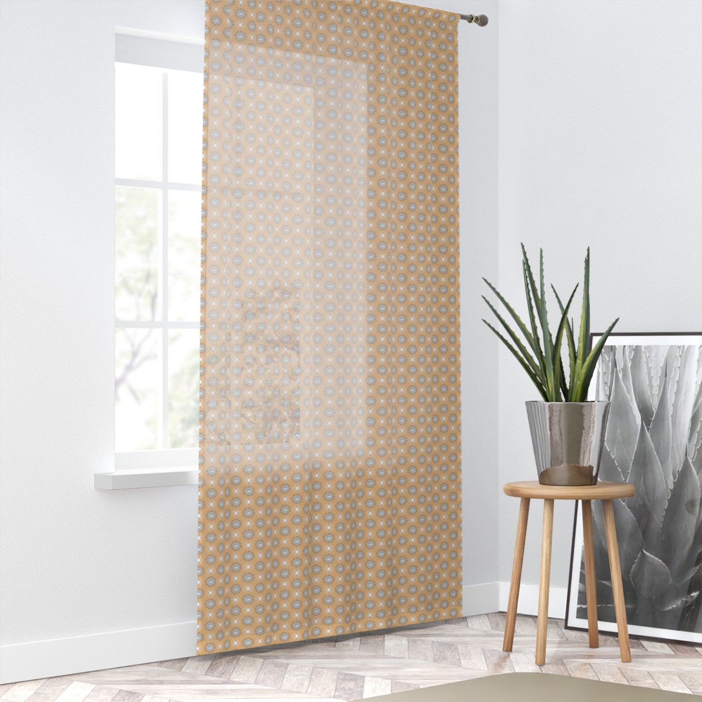 Tan Sunset Star-crossed Bodies Sheer Window Curtain, 50" x 84", partially transparent