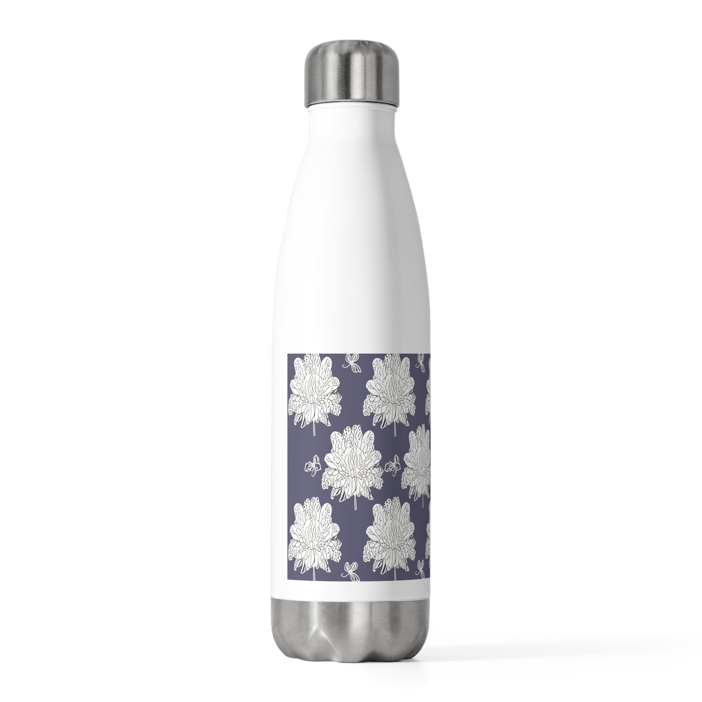 White Floral Butterflies 20oz Insulated Water Bottle