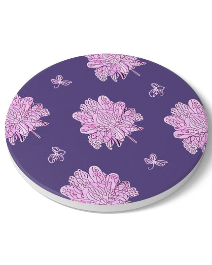 Magenta Floral Butterflies 4" x 4" Round Ceramic Coaster