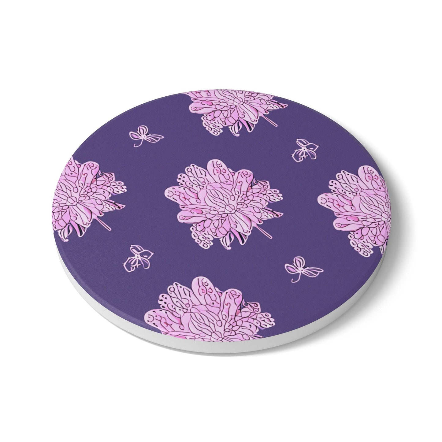 Magenta Floral Butterflies 4" x 4" Round Ceramic Coaster