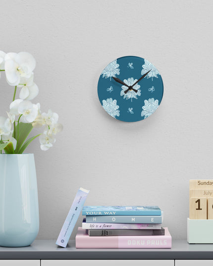 Tif Green White Floral Butterflies Acrylic Round Wall Clock, 8" x 8"