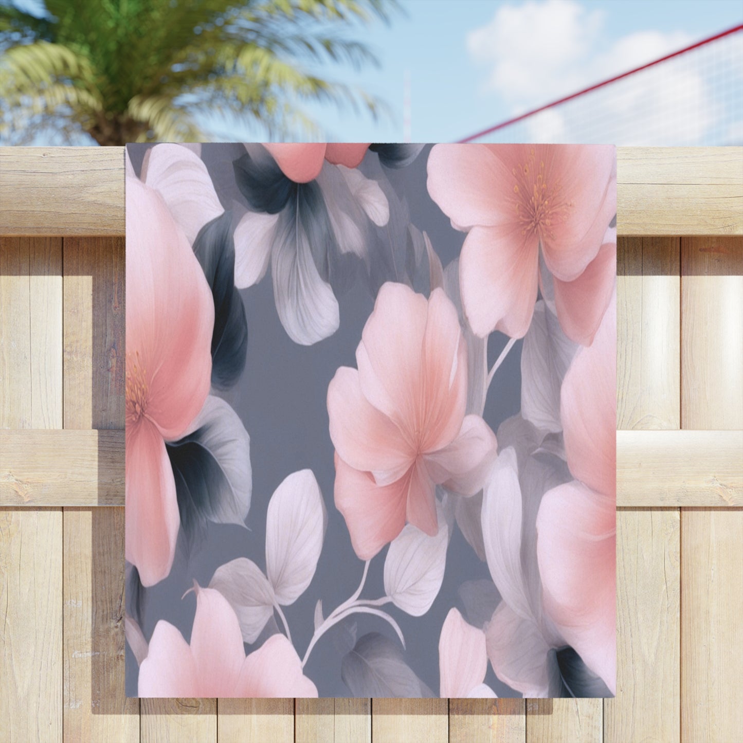 Peach and Blue Gray Floral Bunch Beach Towel, 30" x 60"