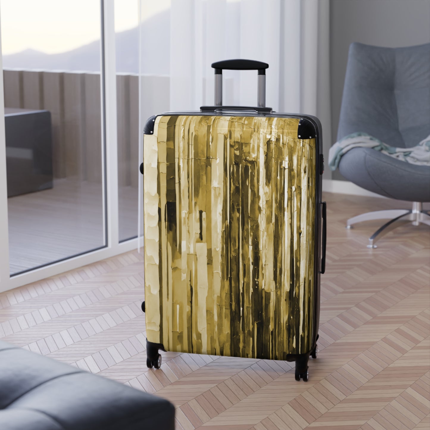 Striped Light Brown Large Suitcase with built in lock, 4 double-wheels, telescopic handle, and ABS back hard-shell