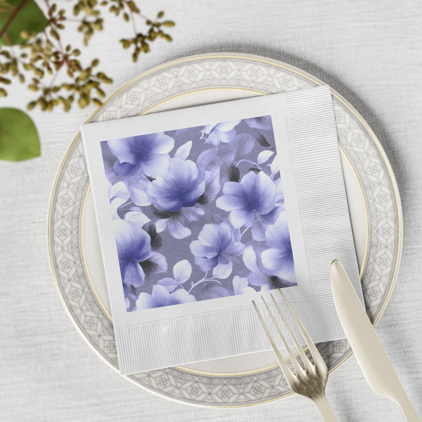 Indigo Blossom Floral Bunch White Coined Napkins, 6.5" x 6.5"