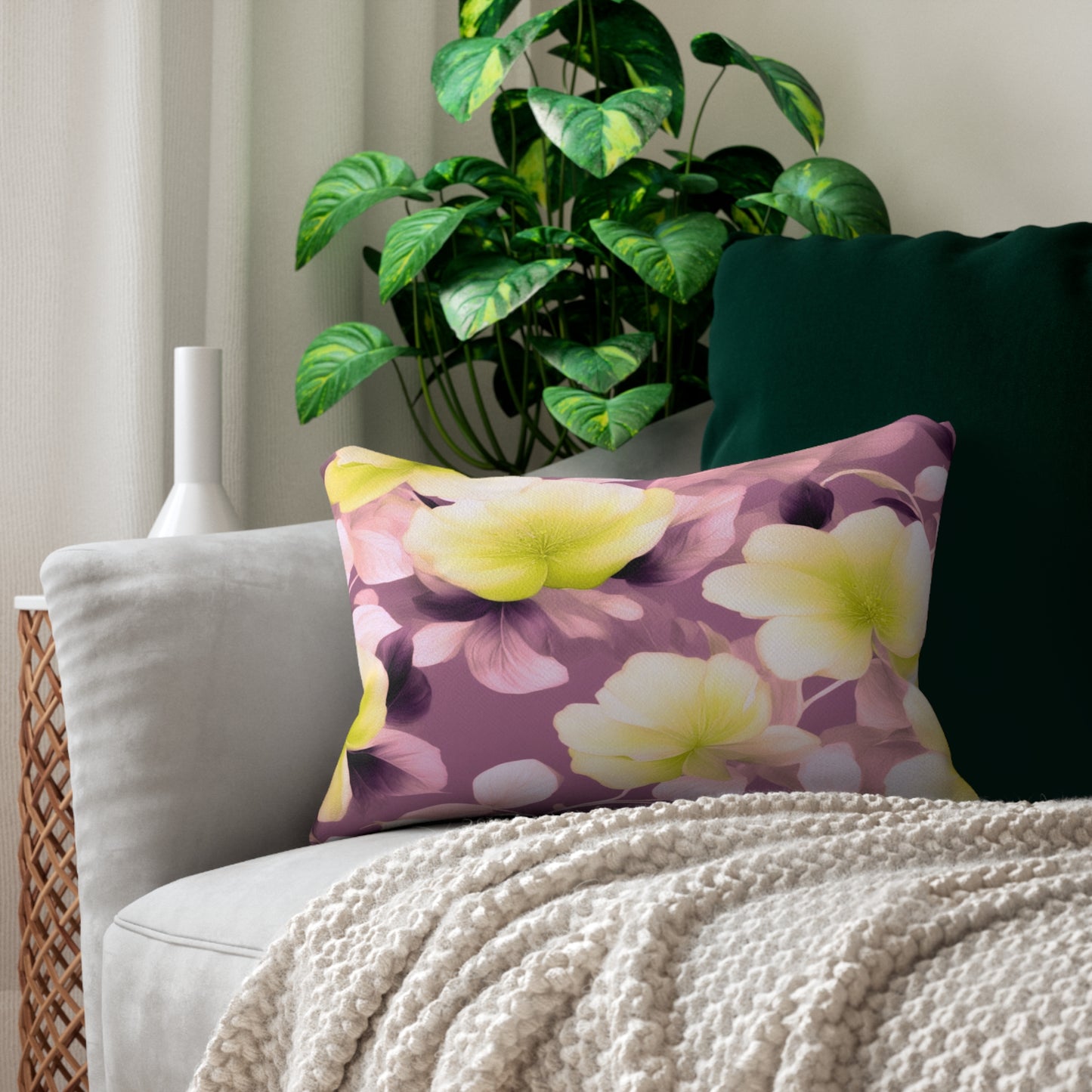 Lemon Blossom Floral Bunch Spun Polyester Lumbar Pillow, 20" x 14"
