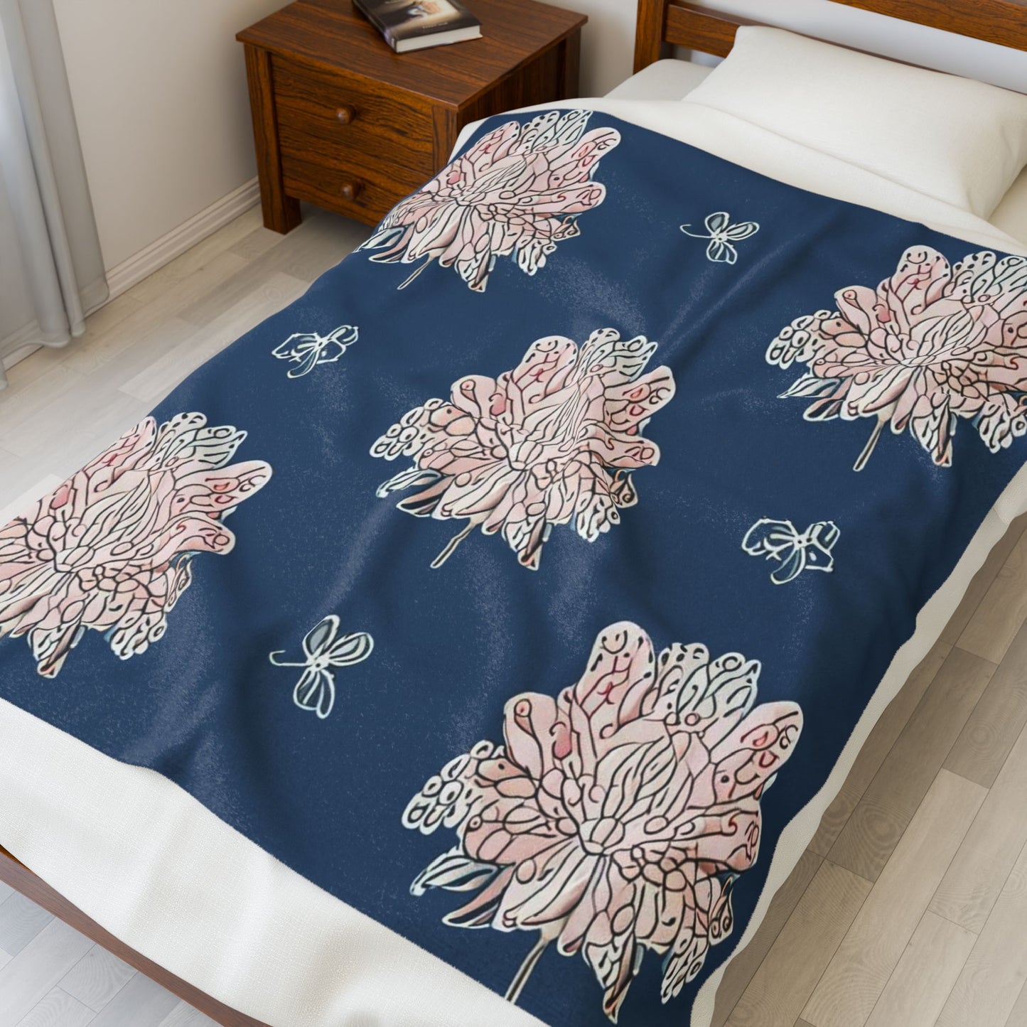 Rose White Floral Butterflies Velveteen Plush Blanket, 50" x 60"