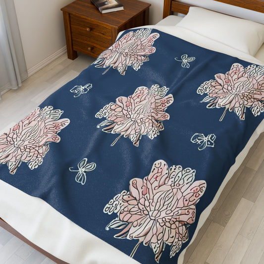 Rose White Floral Butterflies Velveteen Plush Blanket, 50" x 60"