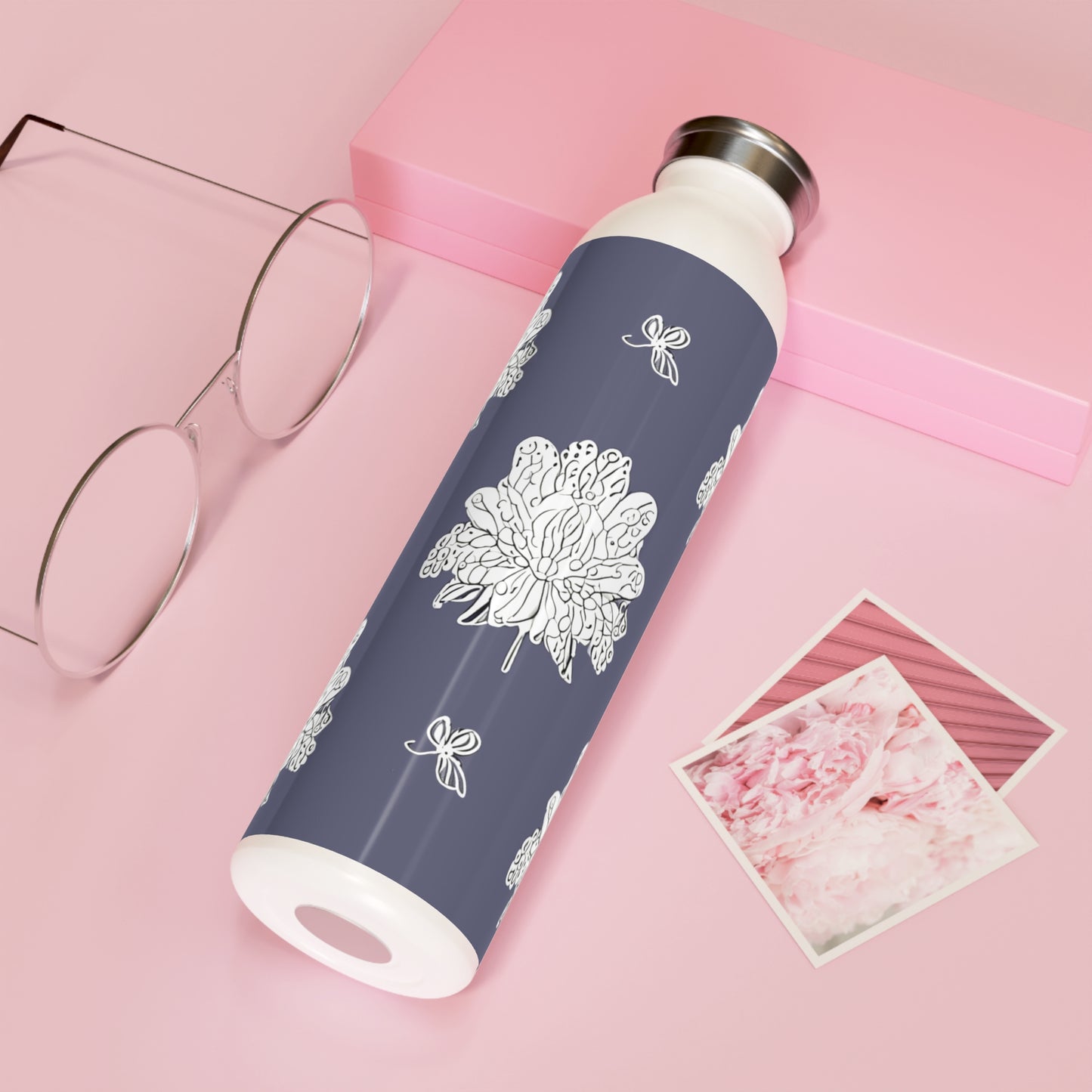 White Floral Butterflies Slim Water Bottle, 20 oz White