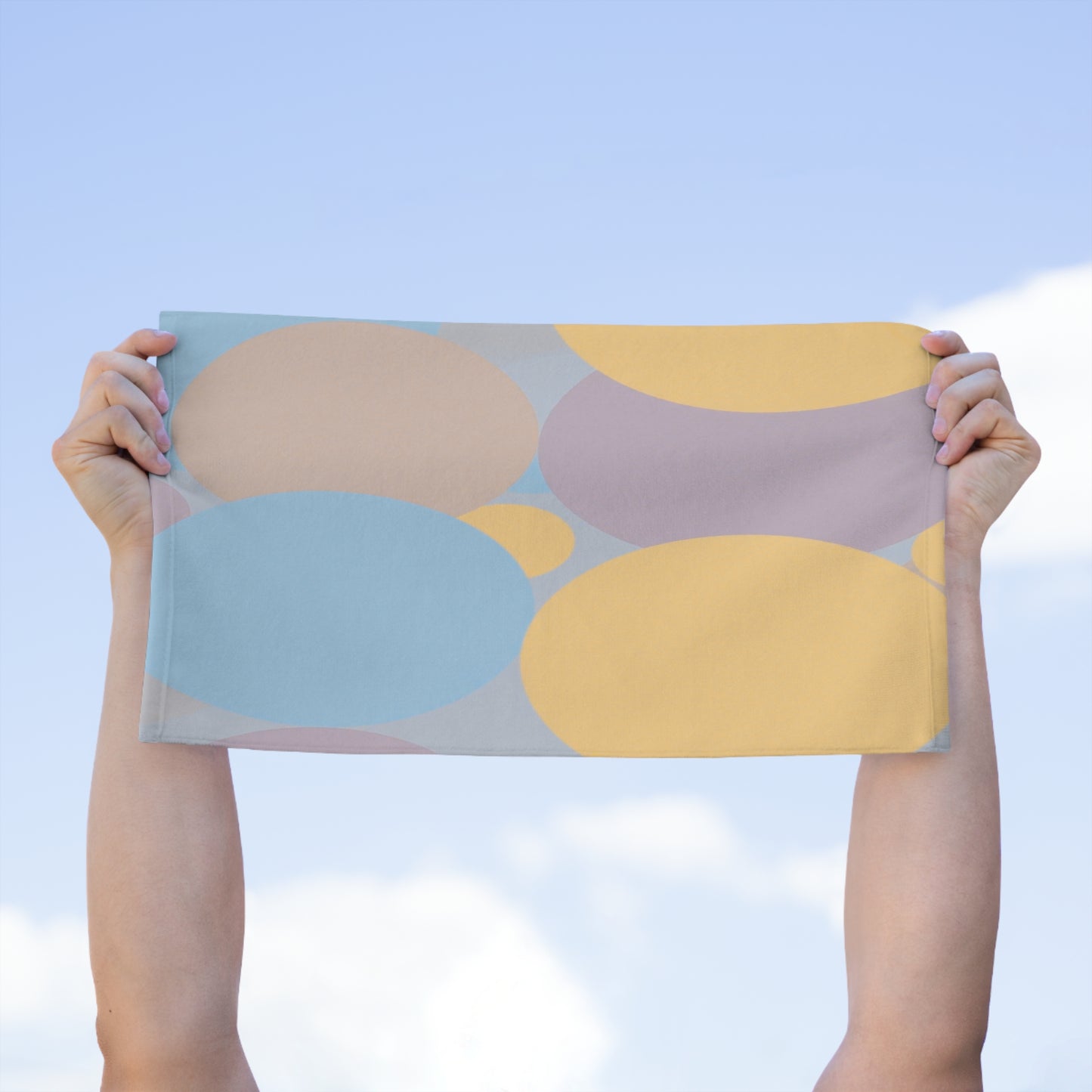 Pastel Baby Blue and Peach Patches Rally Towel, 11" x 18"