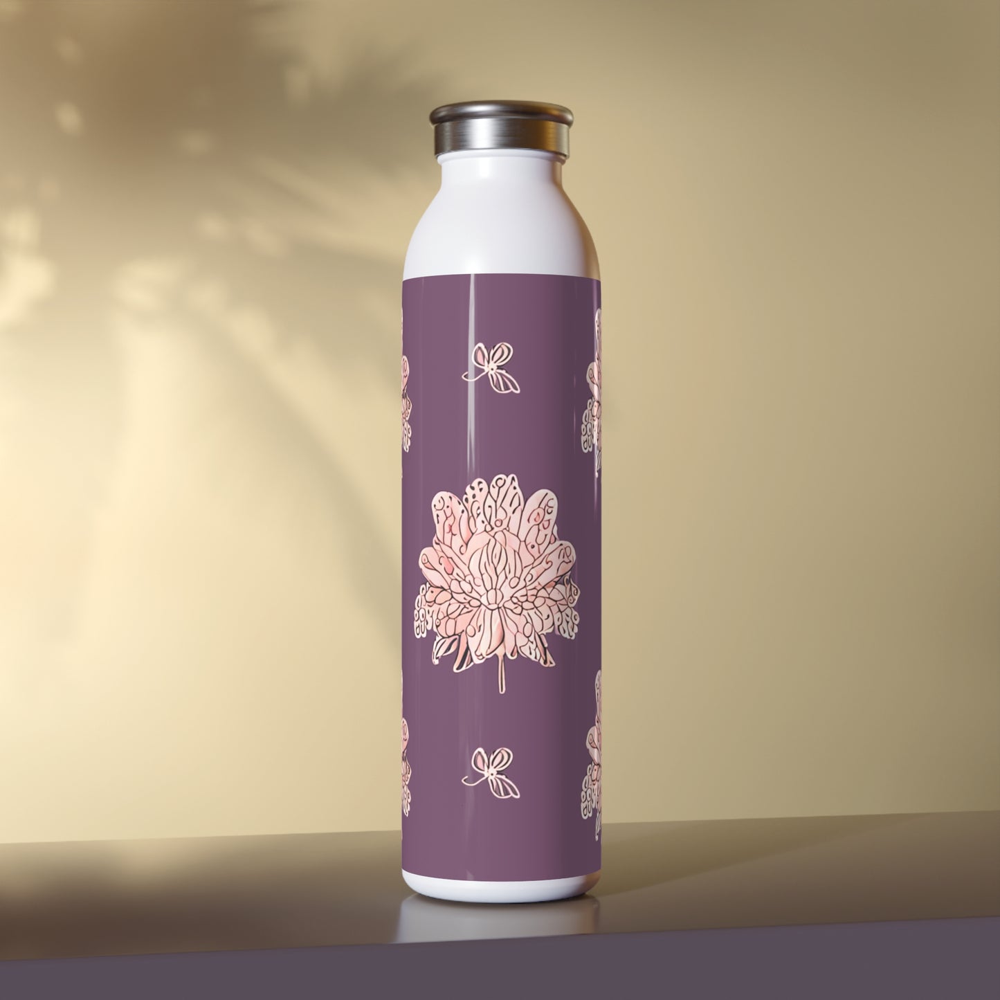 Pink Floral Butterflies Slim Water Bottle, 20 oz White