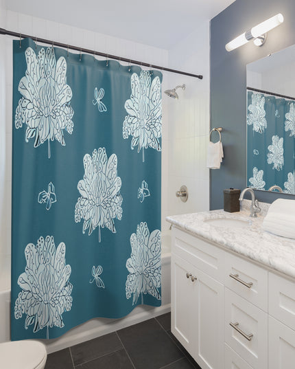 Tif Green White Floral Butterflies Shower Curtain, 71" x 74"