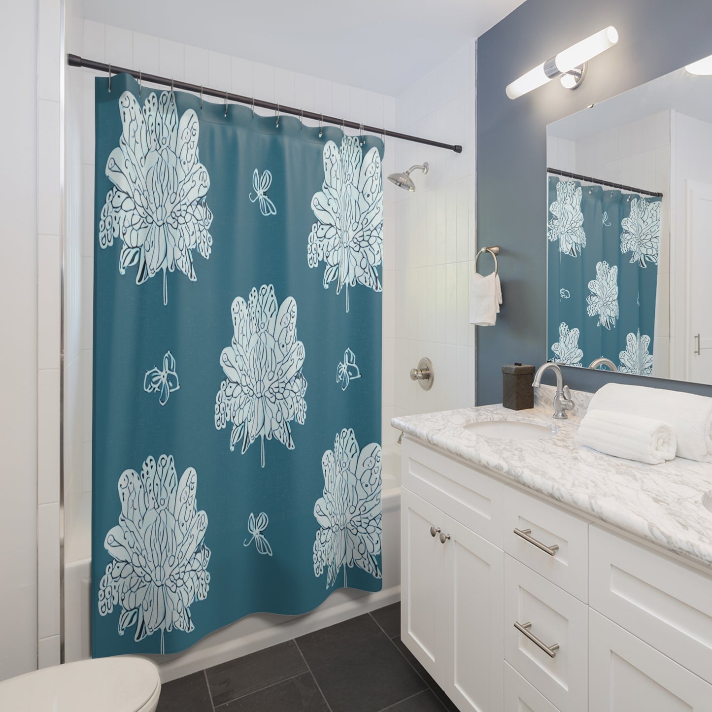 Tif Green White Floral Butterflies Shower Curtain, 71" x 74"