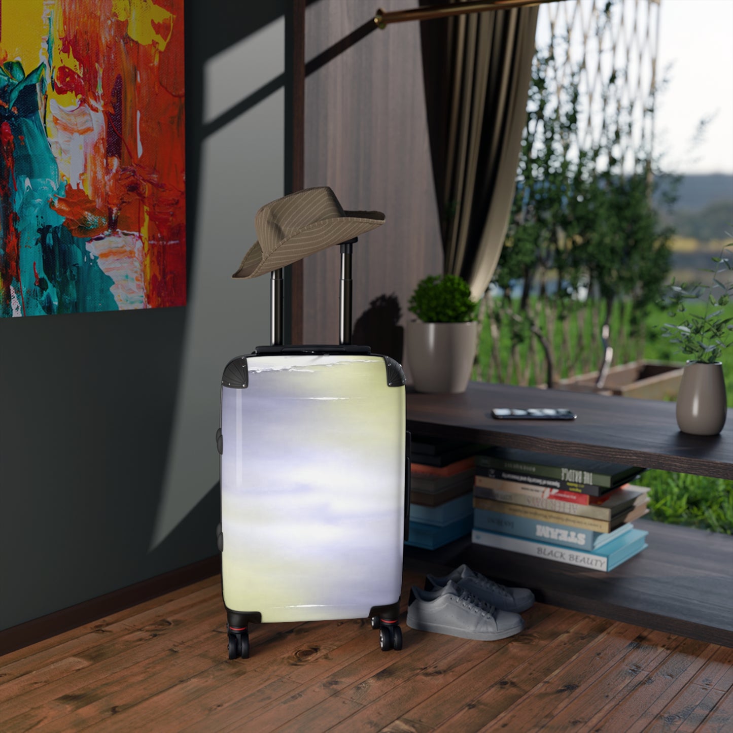 Lavender Sea Golden Fog Small Suitcase with built in lock, 4 double-wheels, telescopic handle, and ABS back hard-shell