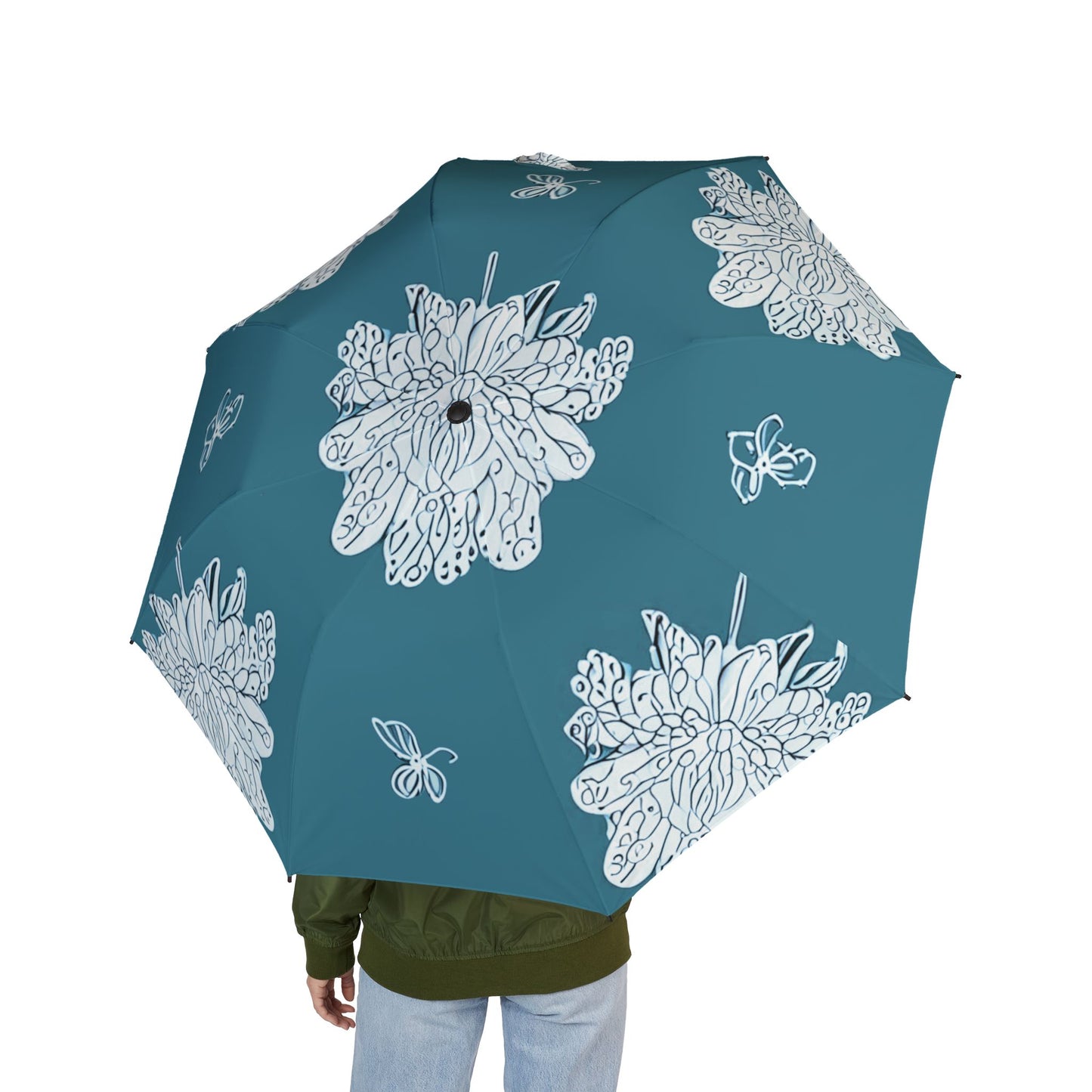 Tif Green White Floral Butterflies Foldable Umbrella - Compact & Chic