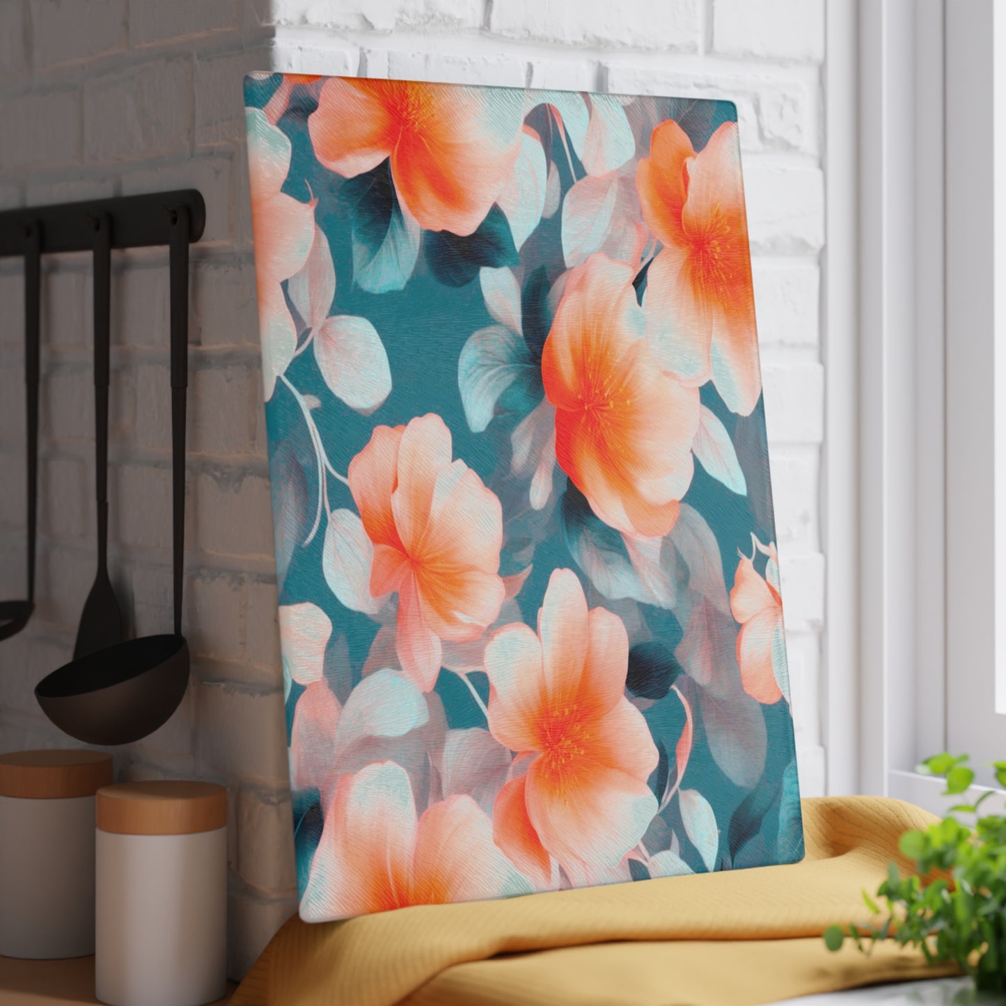 Orange Blossom Floral Bunch Glass Cutting Board, 11" x 15"