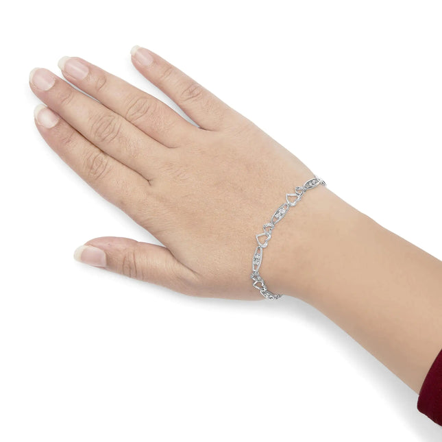 925 Sterling Silver 1/5 Cttw Diamond Double Heart Link Bracelet (I-J Color, I3 Clarity) - 7.25" Inches