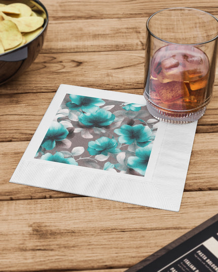 Tif Green Gray Floral Bunch White Coined Napkins, 6.5" x 6.5"