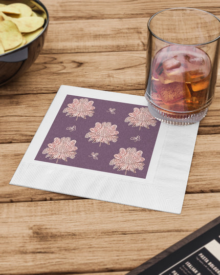 Pink Floral Butterflies White Coined Napkins, 6.5" x 6.5"
