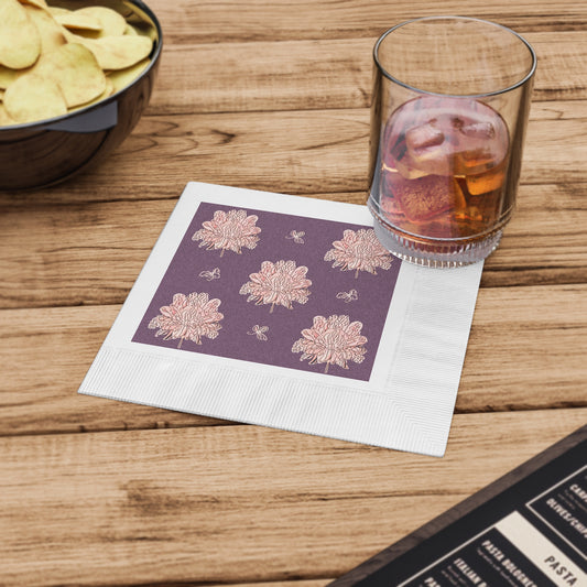 Pink Floral Butterflies White Coined Napkins, 6.5" x 6.5"