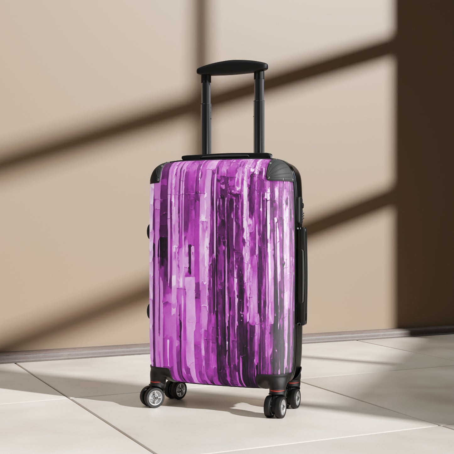 Striped Powder Lavender Small Suitcase with built in lock, 4 double-wheels, telescopic handle, and ABS back hard-shell