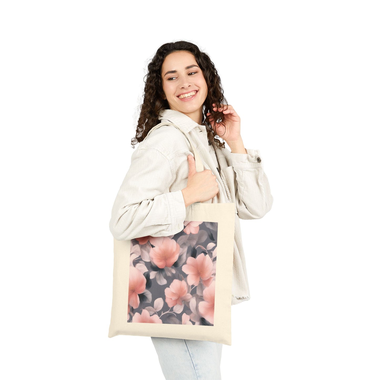 Peach and Blue Gray Floral Bunch Cotton Canvas Tote Bag
