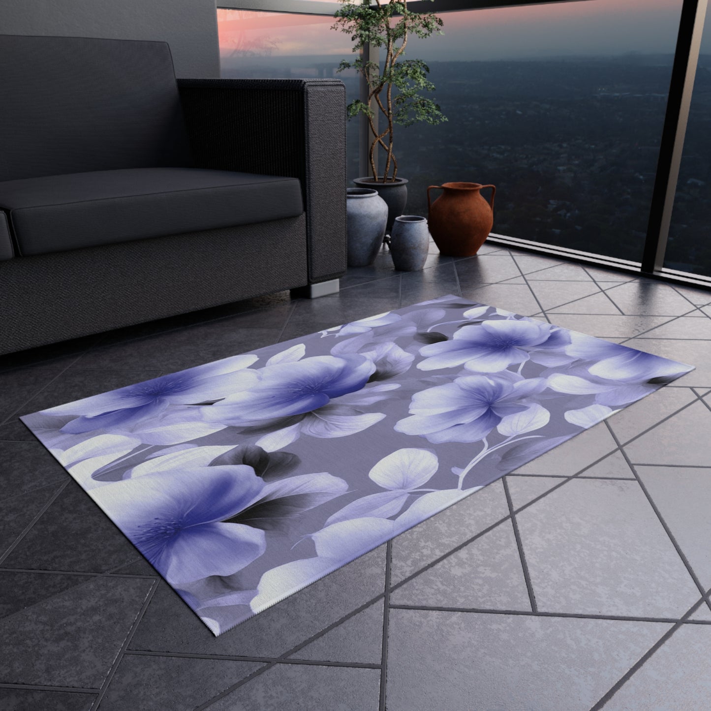 Indigo Blossom Floral Bunch Outdoor Rug, 36" x 60"