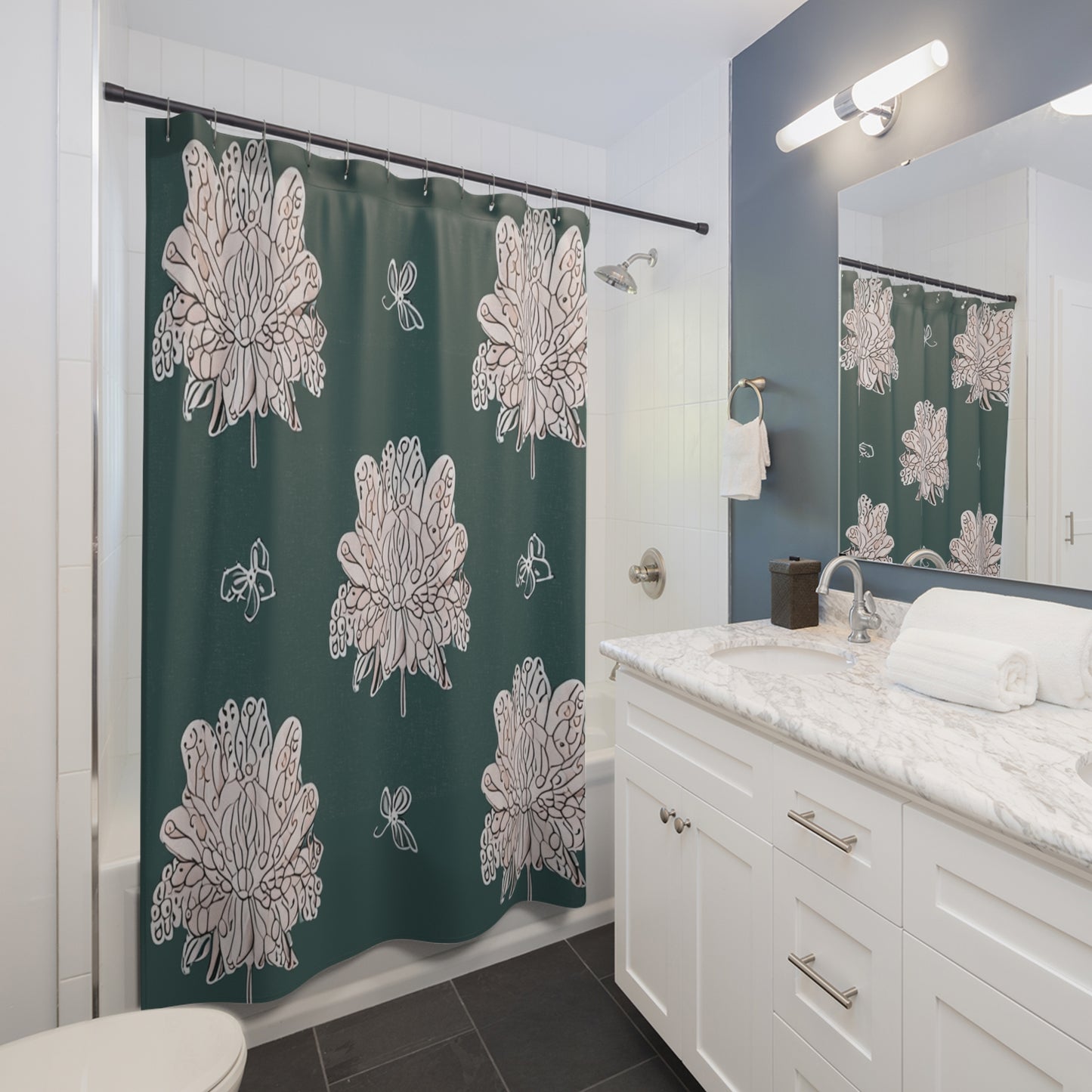 Soft White Floral Butterflies Shower Curtain, 71" x 74"