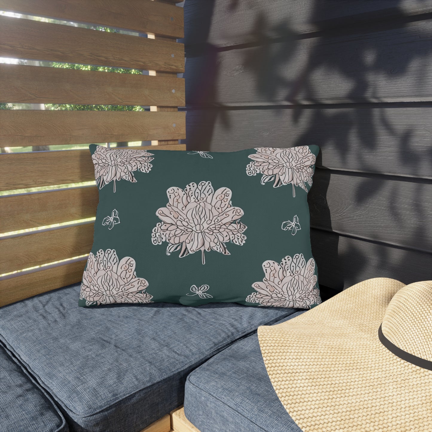 Soft White Floral Butterflies 20" x 14" Outdoor Pillow