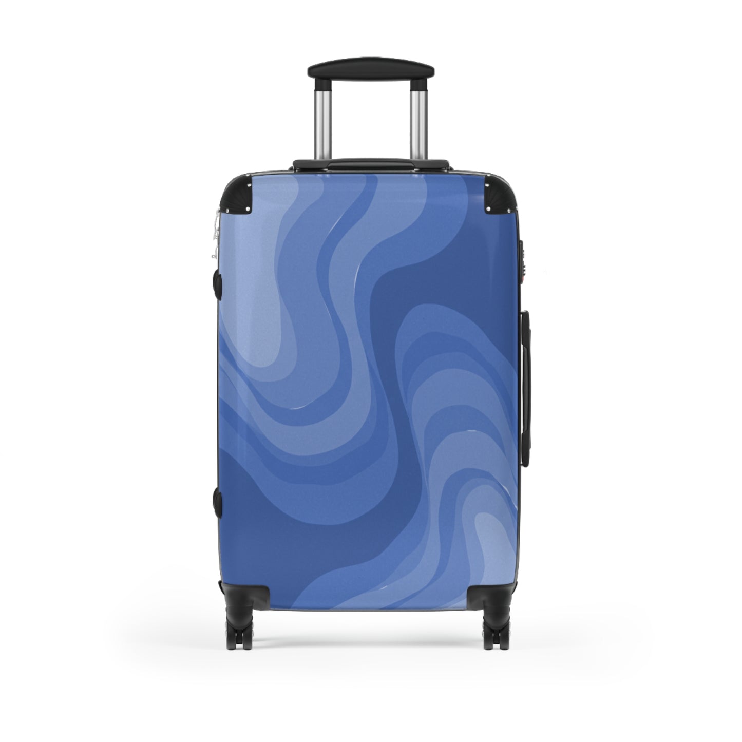 Deep Blue Wavey Medium Suitcase with built in lock, 4 double-wheels, telescopic handle, and ABS back hard-shell