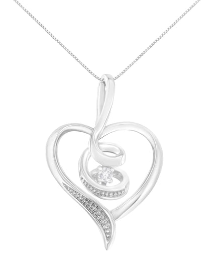Espira 10K White Gold .03 Cttw Diamond-Accented Round-Cut Diamond Swirl Open Heart 18" Pendant Necklace (I-J Color, I2-I3 Clarity)