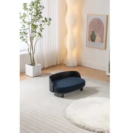 Scandinavian Style Elevated Dog Bed Pet Sofa With Solid Wood Legs And Bent Wood Back, Velvet Cushion, Dark Blue