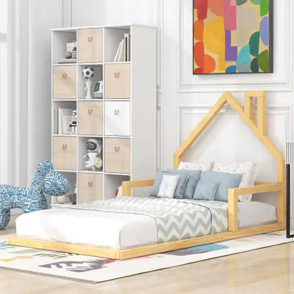 Twin Wood Floor Bed, House-shaped Headboard