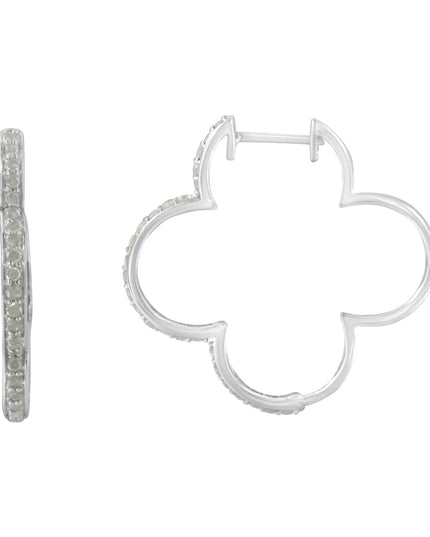 .925 Sterling Silver 1.0 cttw Diamond 4 Leaf Clover Shape Hoop Earrings(I-J Color, I3 Clarity)