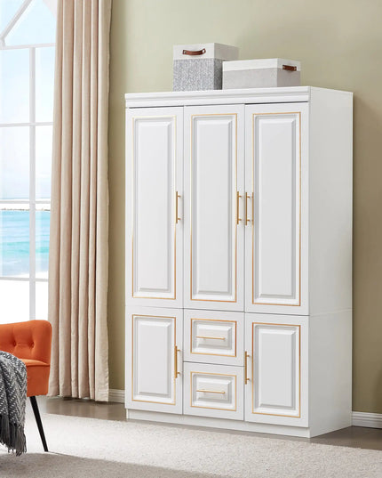 White Freestanding Armoire Wardrobe Closet – 74" H, 3 Doors, 2 Drawers, Hanging Rod & Shelves for Clothes Storage
