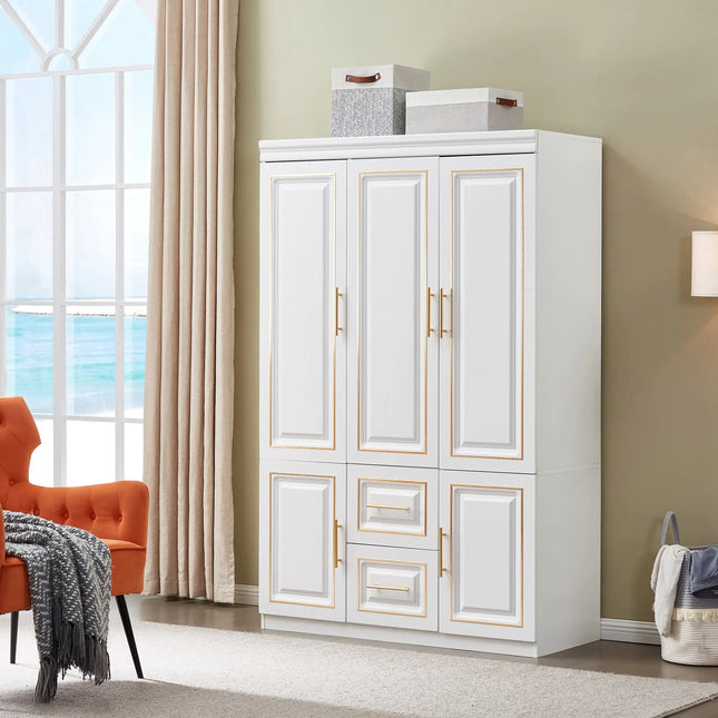 White Freestanding Armoire Wardrobe Closet – 74" H, 3 Doors, 2 Drawers, Hanging Rod & Shelves for Clothes Storage