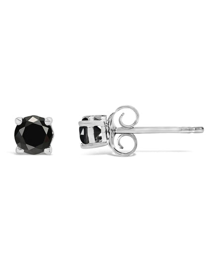 .925 Sterling Silver Black Diamond Solitaire Stud Earrings (Black Color, I2-I3 Clarity)