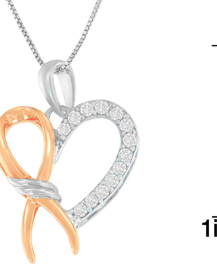 Two-Toned .925 Sterling Silver 1/5 cttw Round Cut Diamond Ribbon Heart Accent Pendant Necklace (H-I, I2-I3)