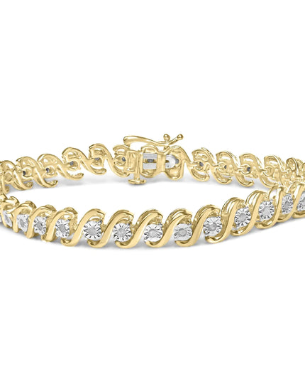 14K Yellow Gold Plated .925 Sterling Silver 1/2 Cttw Round Miracle-Set Diamond S-Curve Tennis Bracelet (I-J Color, I3 Clarity) - 7"